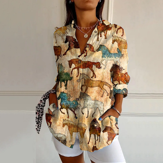 Comstylish Western Horse Print Long Sleeve Shirt