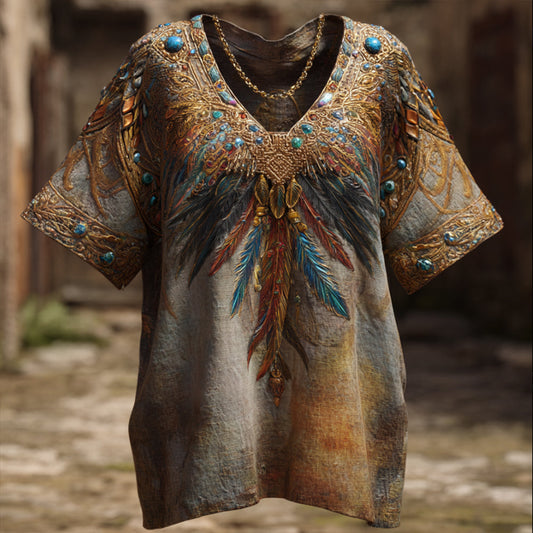 Western Colorful Feather Gemstone Element Tie-dye V-neck Linen Short-sleeved Shirt artswardrobe