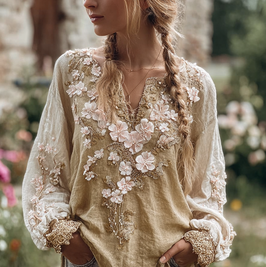 Comstylish Bohemian Style Three-dimensional Flower Pattern Women's V-neck Long-sleeve Cotton And Linen Shirt