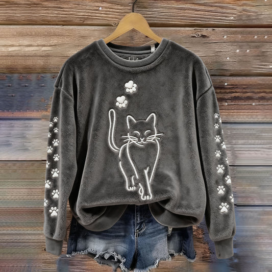 Women's Cat Embroidery Pattern Plush Sweatshirt elevenforest