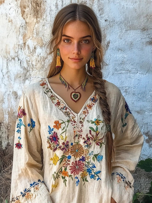 Comstylish Retro Bohemian Floral Embroidered Linen Blend Comfy Shirt