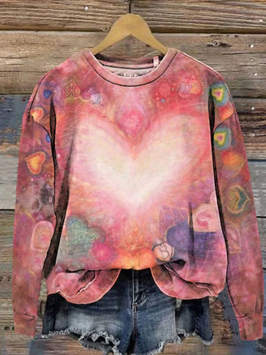 Comstylish Women's Retro Heart Print Casual Crewneck Sweatshirt