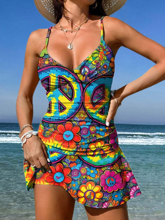 V-Neck Vintage Multicolor Hippie Peace Flower Art Print Suspender Skirt Tankini Pantskirt Set Swimsuit
