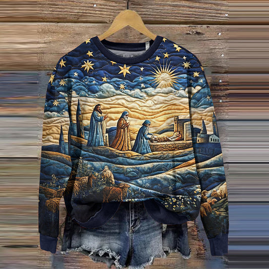 Comstylish Christmas Nativity Night Printed Round Neck Casual Sweatshirt