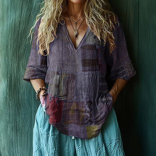 Vintage Boho Patchwork Art Print Short Sleeve V-neck Shirt artswardrobe