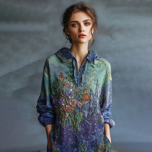 Women's Oil Painting Floral Contrast Color Sequined Button Polo Shirt artswardrobe