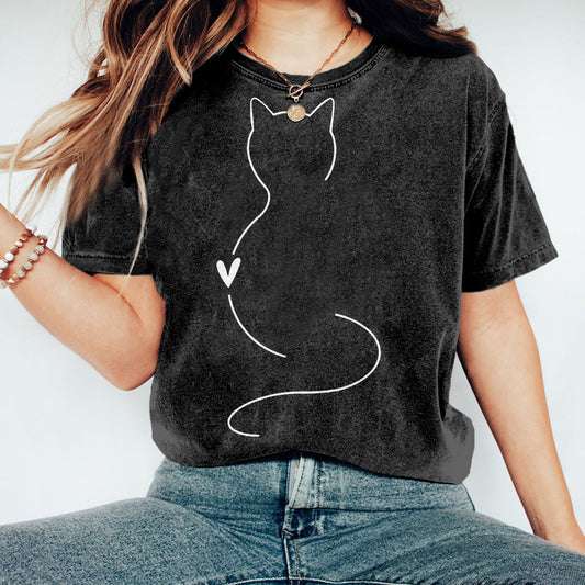 Lovely Simple Line Cat Art Vintage Washed T Shirt elevenforest