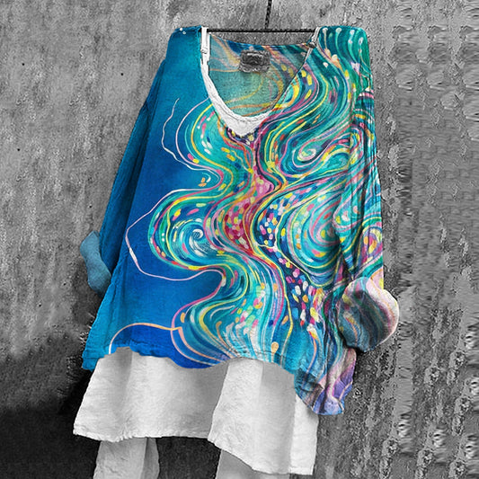 Women's Abstract Line Art Print Casual Cotton And Linen Shirt artswardrobe