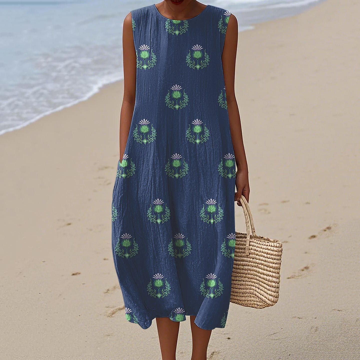 Women's Vintage Scottish Thistle Art Linen Sleeveless Dress artswardrobe