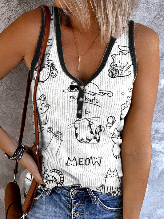 Funny Furry Cat Art Print  Casual Button Top elevenforest