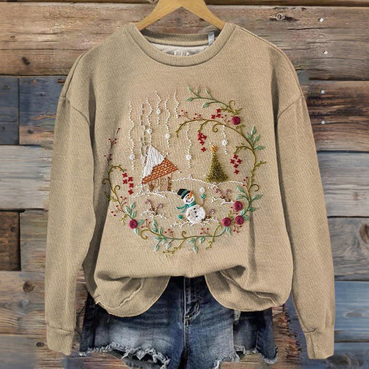 Comstylish Retro Christmas House Art Pattern Casual Sweatshirt