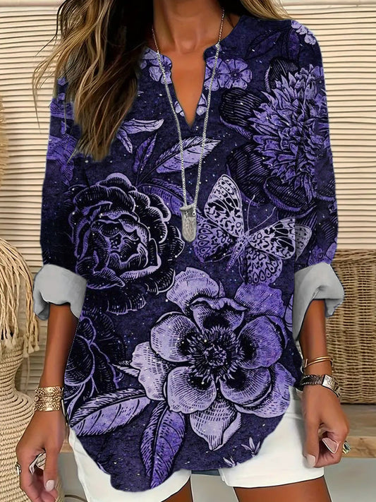 Comstylish Purple Floral Pattern Women's V-Neck Long Sleeve Shirt