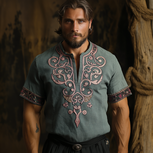 Men's Vintage Viking Embroidery Print Shirt artswardrobe