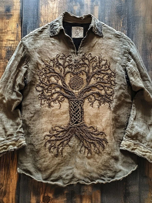 Viking Inspired Tree Of Life Embroidered Vintage Linen Shirt artswardrobe