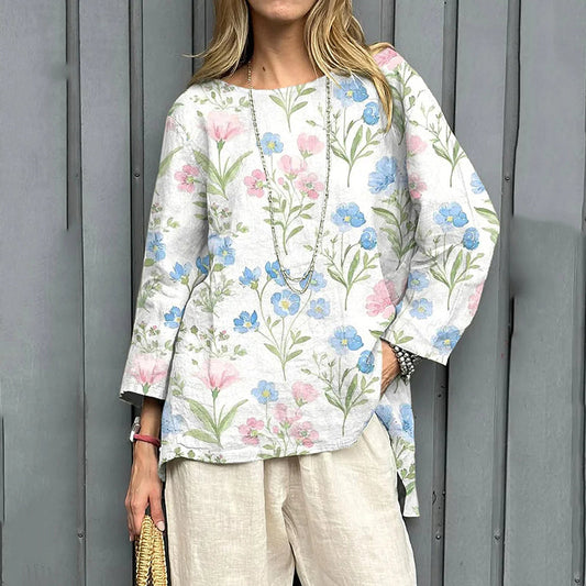 Women's Vintage Flowers Art Print Linen T-shirt artswardrobe