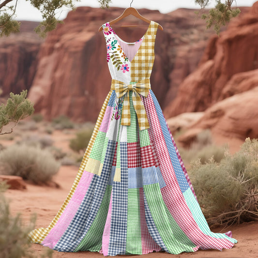 Women's Vintage Plaid Floral Patchwork Linen Tank Dress artswardrobe