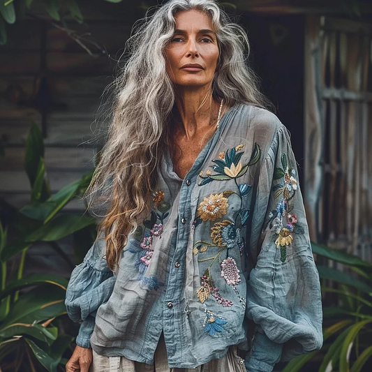 Vintage Bohemian Style Linen Floral Art Print  Long Sleeve Shirt artswardrobe
