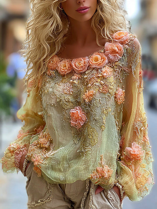 Comstylish Women's Classic Bohemian Yellow Floral Embroidery Art Long Sleeve Linen Blend T-shirt