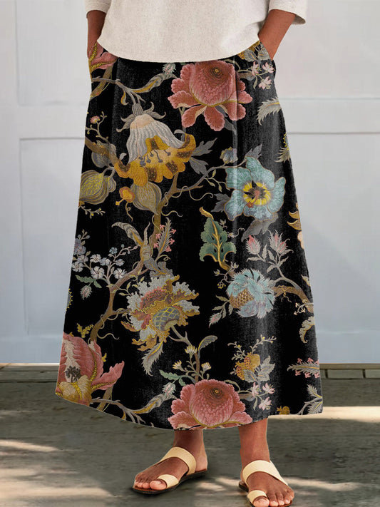 Women's Folk Flower Print Cotton and Linen Pocket Skirt