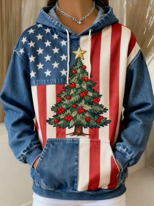 Comstylish Women's Christmas-themed Denim Print Casual Hooded Sweatshirt
