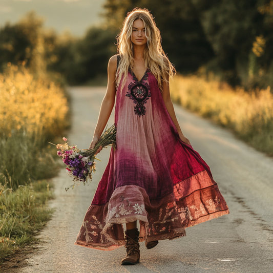 Spring Girl Green Pastoral Style Retro Bohemian Resort Art Floral Embroidery Pattern Linen Tank Dress artswardrobe