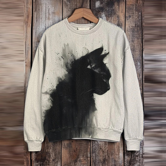 Men's Ink Drawing Black Cat Print Casual Sweatshirt elevenforest
