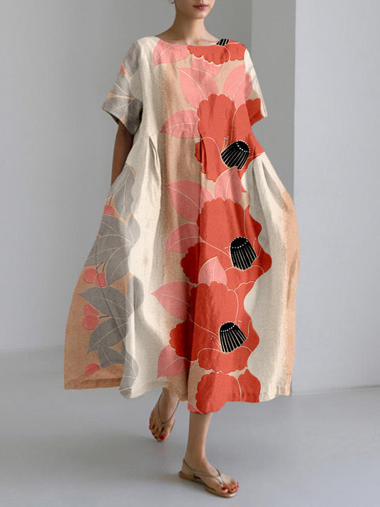 Comstylish Vintage Japanese Flowers Art Linen Blend Maxi Dress