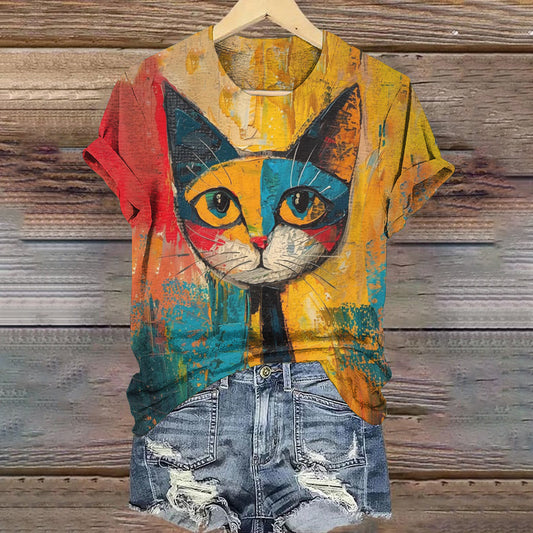 Comstylish Pop Art Painting Cat Art Pattern Vintage T-shirt