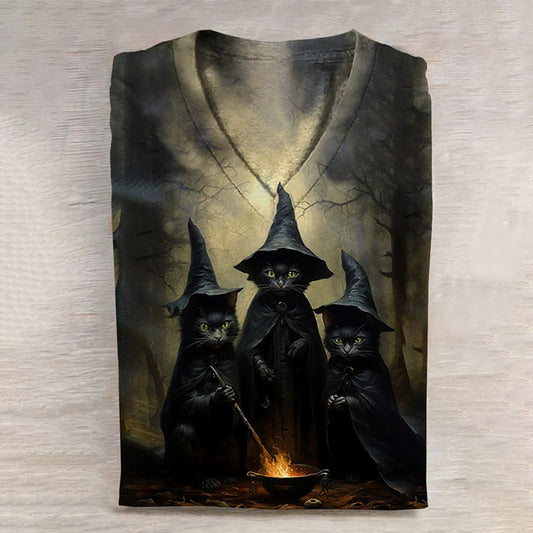 Halloween Cat Art Print Casual V-Neck T-Shirt elevenforest