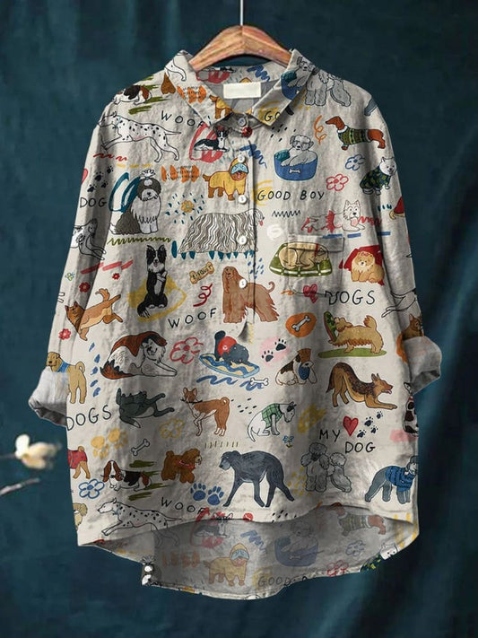 Comstylish Women's Cute Dog Art Print Casual Cotton And Linen Shirt