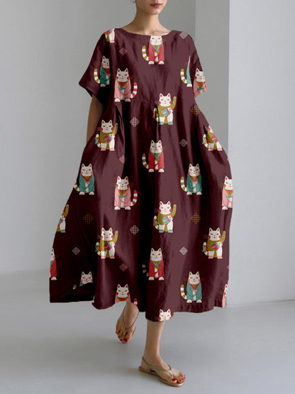 Comstylish Japanese Lucky Cats with Fish Linen Blend Maxi Dress