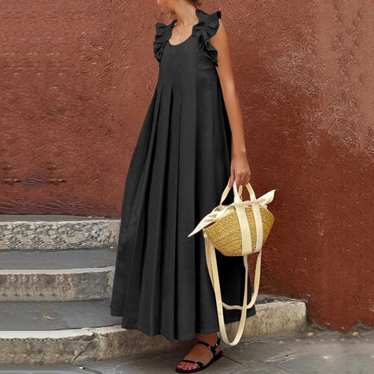 Women's Simple Ruffled Solid Cotton And Linen Sleeveless Loose Long Dress artswardrobe