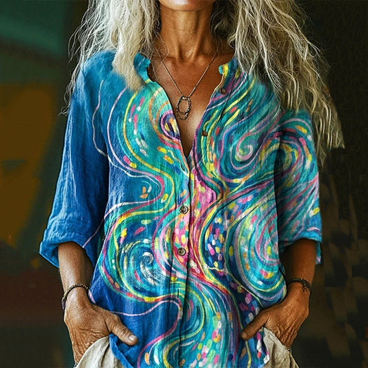 Comstylish Women's Abstract Line Art Print Cotton And Linen Shirt