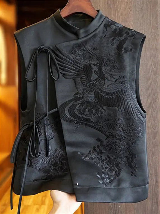 Comstylish Classy Cranes Floral Embroidered Satin Wrap Vest
