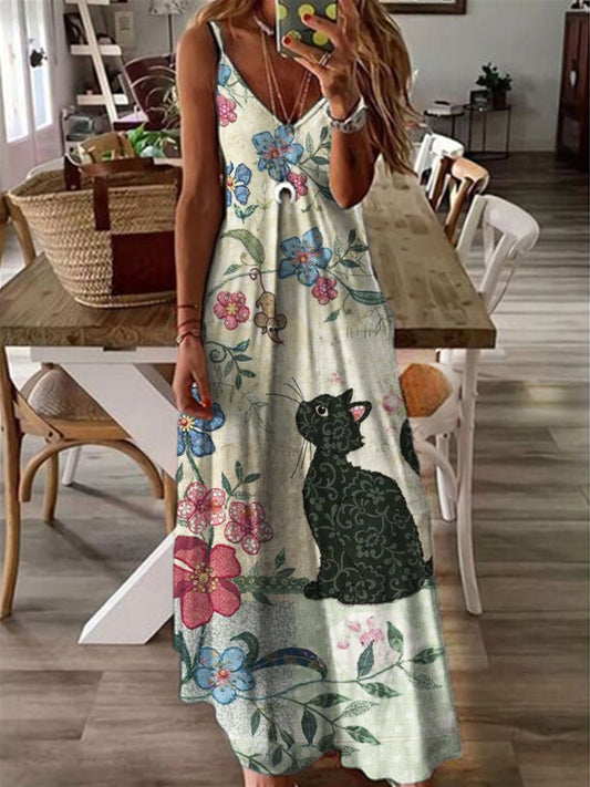 Cat in Nature Fiber Art V Neck Cami Maxi Dress