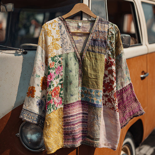 Countryside Style Collection Classy Patchwork Floral Pattern Art Linen Long Sleeve Tshirt artswardrobe