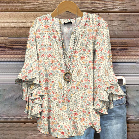 Women's Retro Paisley Floral Art Print Casual Cotton And Linen Shirt