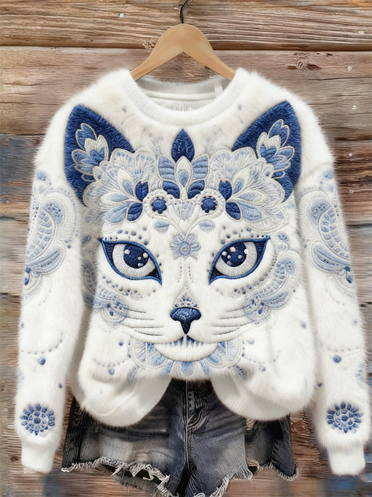Comstylish Ethnic Floral Cat Face Embroidered Cozy Plush Sweatshirt