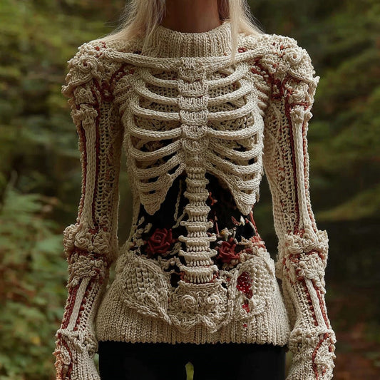 Comstylish Vintage Skull Human Anatomy Rose Art Knit Turtleneck Sweater