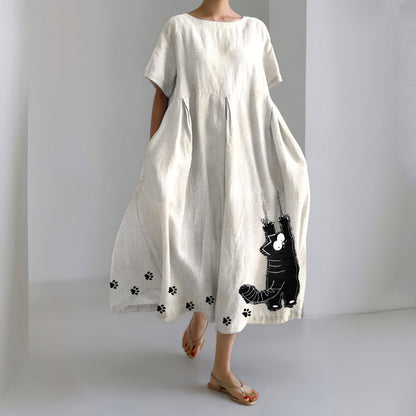 Comstylish Stretching Cat & Paw Prints Embroidered Linen Blend Maxi Dress