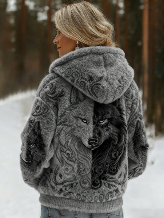 Comstylish Women's Viking Wolf Art Knit Cozy Flannel Hooded