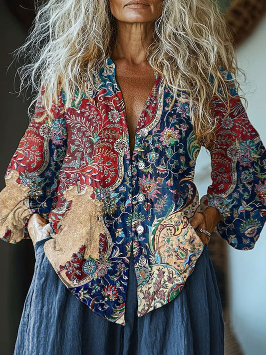 Women's Retro Colorblock Print Casual Shirt artswardrobe