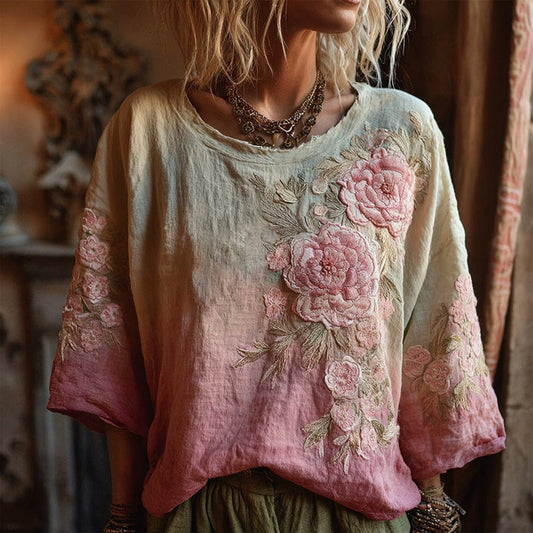 Vintage Rose Gradient Art Linen Three-quarter Sleeves Shirts artswardrobe