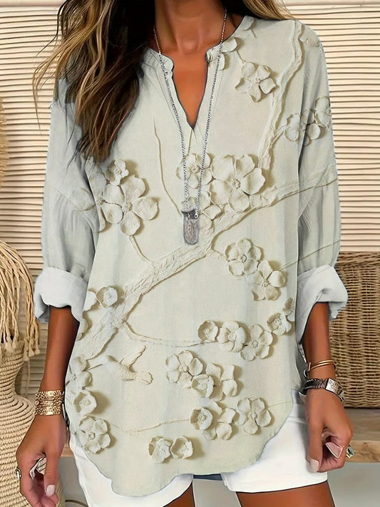 Comstylish Embossed Plum Art Linen V-Neck Shirt