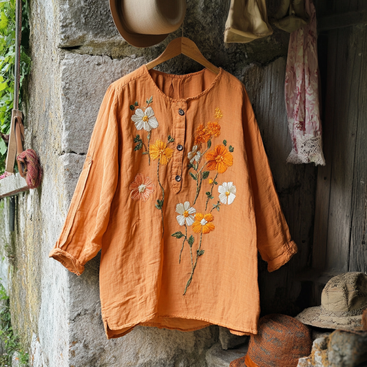 Retro Floral Half Button Casual Long Sleeve Henley Shirts artswardrobe