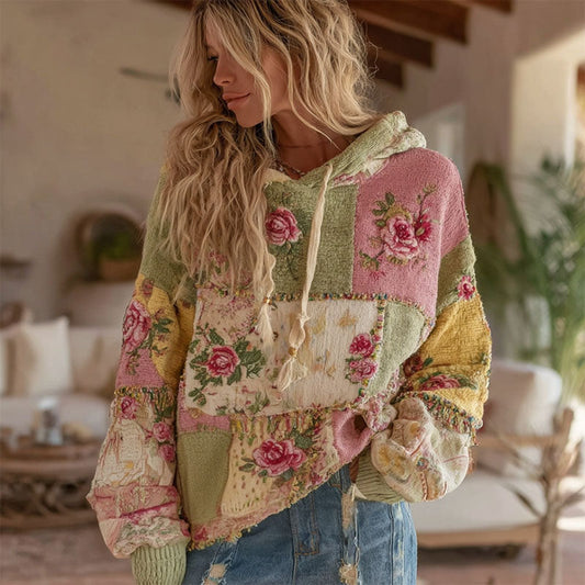 Women's Vintage Floral Patchwork Art Knit Jacquard Hooded Sweater