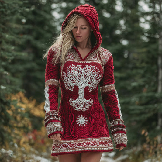 Viking Christmas Celtic Tree Women's Knit Hooded Mini Dress artswardrobe
