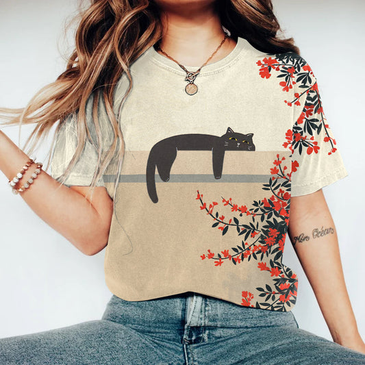 Comstylish Abstract Creative Lazy Cat Lying On The Balcony Painting Art T-Shirt