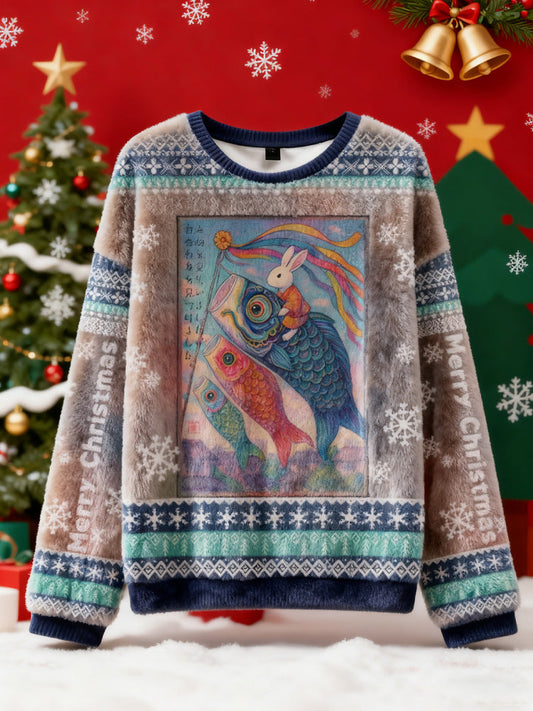 Comstylish Ukiyoe Rabbit Ride Carp Streamer Ugly Flannel Sweater