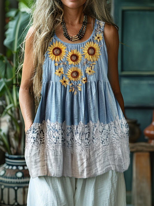 Boho Sunflowers Embroidered Lace Patchwork Linen Tank Top artswardrobe